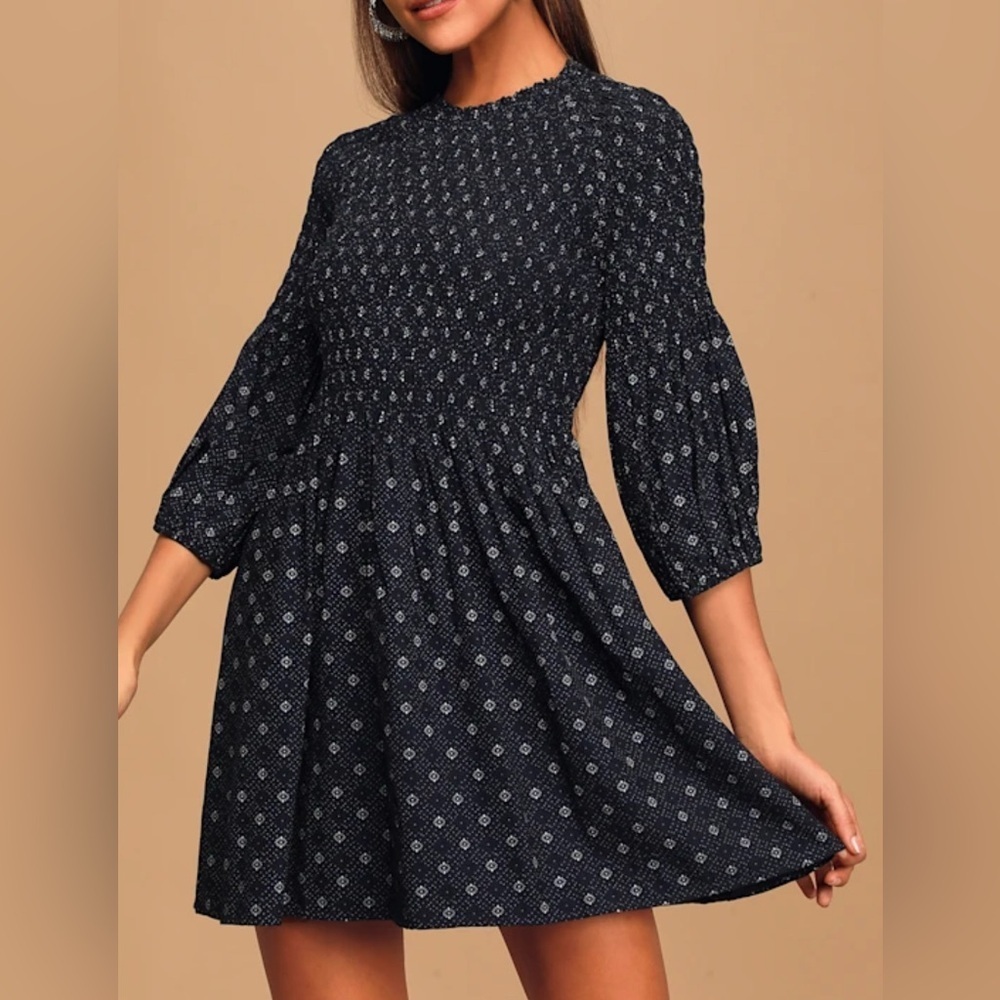 Lulus Midnight Breeze Navy Blue Print Smocked long Puff Sleeve mini Dress XS